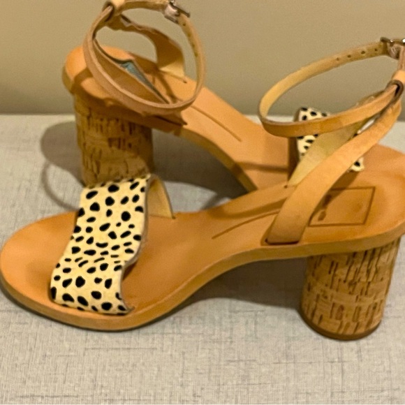 Dolce Vita Cylinder Cork Heel Sandal, tan leather, cream & black, size 8 1/2 - Picture 1 of 3